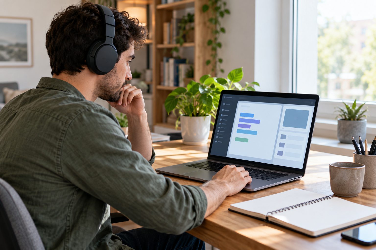 Estudio de programación en un entorno doméstico Persona con auriculares estudiando ante un portátil en un escritorio doméstico iluminado por una ventana.